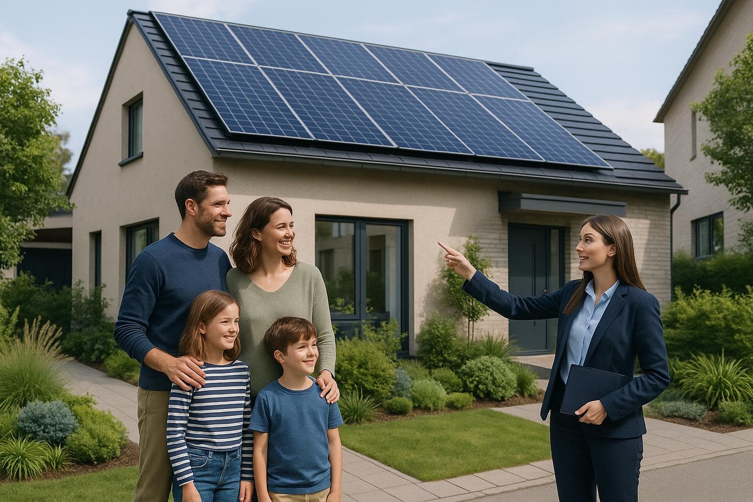Moderne Familie besichtigt energieeffizientes Haus in Lübeck